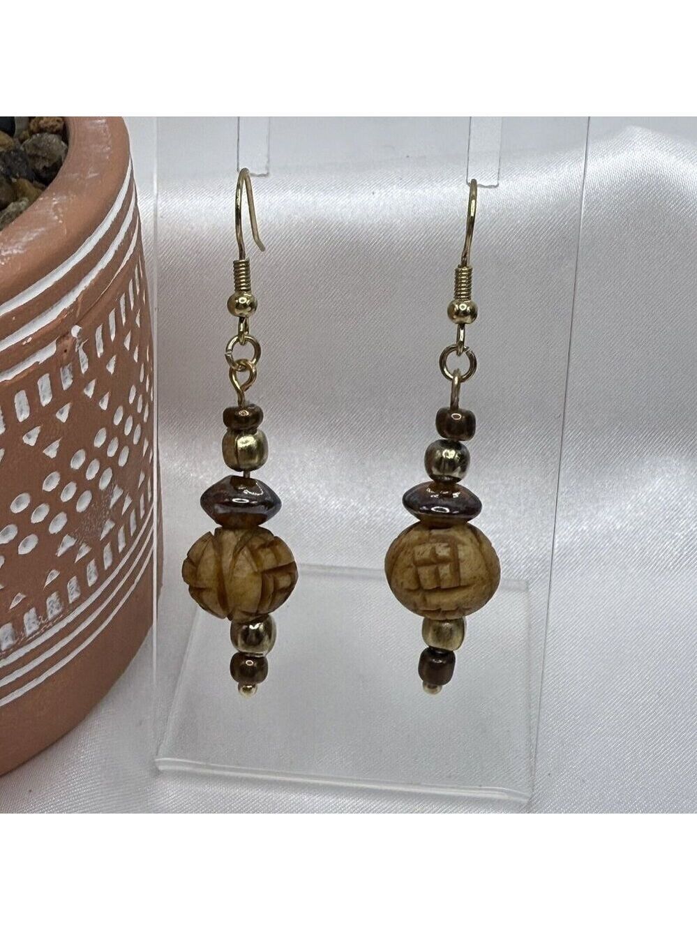 Tan Wood Glass Bead Earrings